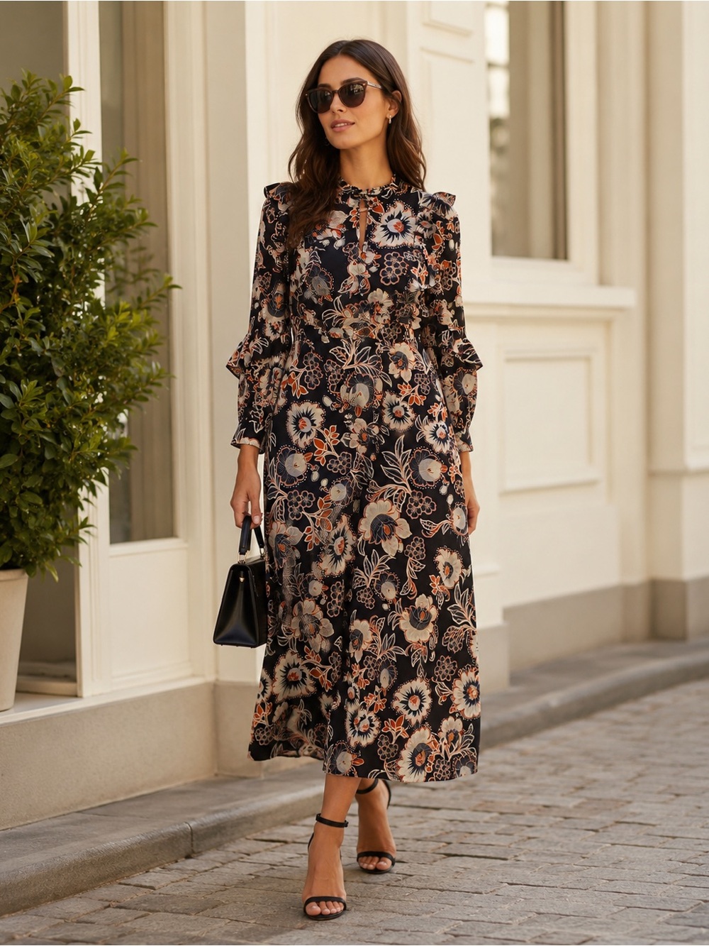 Who What Wear Black Floral Maxi Dress with Cream and Rust Accents